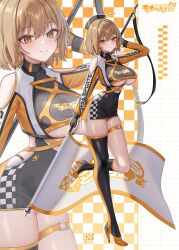 1girl absurdres ahoge anis_(nikke) black_boots blush boots breasts brown_eyes brown_hair closed_mouth covered_navel flag goddess_of_victory:_nikke hat high_heel_boots high_heels highres holding holding_flag jewelry large_breasts looking_at_viewer navel race_flag race_queen short_hair smile solo subob_(subobdesu) thigh_boots thighlet thighs underboob yellow_eyes