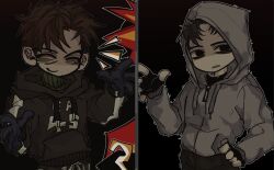 ! !! 2boys ? afraid_of_monsters bags_under_eyes black_eyes black_hair black_hoodie black_shirt brown_hair closed_eyes cry_of_fear david_leatherhoff fingerless_gloves gloves grey_hoodie hand_on_own_hip head_tilt hood hood_up hoodie ju-san messy_hair multiple_boys open_mouth outline outstretched_arms print_hoodie shirt simon_henriksson smile split_screen spoken_question_mark spread_fingers teeth turtleneck upper_body upper_teeth_only white_outline