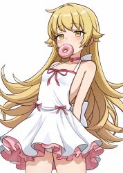 1girl absurdres bare_shoulders blonde_hair blush bow breasts choker collarbone cowboy_shot donut dress dress_bow food food_in_mouth highres layered_dress long_hair monogatari_(series) mouth_hold oshino_shinobu panties pantyshot pink_bow pink_choker pink_ribbon ribbon short_dress sideless_dress simple_background sleeveless sleeveless_dress small_breasts solo suoniko underwear white_background white_bow white_dress white_panties yellow_eyes