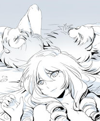 3boys expressionless grin hand_up long_hair looking_at_viewer lying male_focus mizuhara_aki mole mole_under_eye monochrome multiple_boys nude on_back pisces_aphrodite ringlets saint_seiya short_hair smile spiked_hair trap