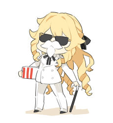 1girl black_ribbon black_shoes blonde_hair box cane chibi colonel_sanders colonel_sanders_(cosplay) cosplay drill_hair drill_sidelocks fake_beard fake_facial_hair fake_mustache full_body genshin_impact highres holding holding_box jacket kfc long_sleeves navia_(genshin_impact) neck_ribbon no_headwear pants ribbon shoes sidelocks solo standing sunglasses white_jacket white_pants zenmai_(cyenmi3)