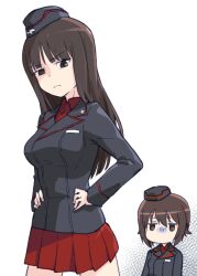 Rule 34 | 2girls, black hair, blush, breasts, brown eyes, brown hair, closed mouth, girls und panzer, hands on own hips, hat, highres, kuromorimine military uniform, large breasts, long hair, looking at another, looking at viewer, military uniform, monolith (suibou souko), multiple girls, nishizumi maho, nishizumi shiho, short hair, simple background, white background