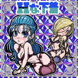 2girls alternate_costume bianca_(dq5) bikkuriman_(style) blue_eyes blue_hair blush bow bow_bra bow_panties bra bracelet braid breasts choker cleavage colorful_background commentary_request copyright_name dragon_quest dragon_quest_v earrings flora_(dq5) garter_straps gold_bracelet gold_choker gold_earrings hair_pulled_back highres jewelry kaxmokkk lace lace-trimmed_bra lace-trimmed_panties lace-trimmed_thighhighs lace_trim large_breasts lingerie long_hair looking_at_viewer midriff multiple_girls navel one_eye_closed panties parted_hair parted_lips pink_bow pink_bra pink_panties pink_thighhighs purple_bra purple_panties side_braid single_braid sitting sweatdrop thighhighs translation_request underwear whip