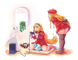 2girls :q blonde_hair controller game_console green_eyes hairband hand_on_own_face hat holding holding_controller juliet_sleeves leaning_forward long_hair long_sleeves low-tied_long_hair multiple_girls no_shoes pink_legwear playstation_2 pleated_skirt profile puffy_sleeves red_skirt ryoji_(nomura_ryouji) sitting skirt standing television thighhighs tongue tongue_out wariza window