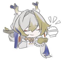 1girl arknights blonde_hair blue_hair blue_horns bowl closed_eyes closed_mouth commentary_request cropped_torso grey_hair hair_intakes hand_up horns linkai long_hair multicolored_hair multicolored_horns rice_bowl shu_(arknights) side_horns simple_background sketch smug solo tree_horns white_background yellow_hands yellow_horns