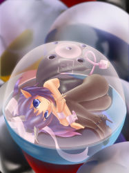 1girl animal_ears bad_id bad_pixiv_id ball bat_wings blue_eyes capsule fake_animal_ears female_focus fetal_position full_body gashapon gradient_hair high_heels horns leotard long_hair mini_person minigirl multicolored_hair original pantyhose playboy_bunny pointy_ears rabbit_ears ribbon shoes solo soma_(artist) usb wings wrist_cuffs