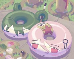2girls alternate_form artist_name beer_can blush can cardboard closed_eyes closed_mouth drink_can grass hair_ornament hairpin highres kurohanenone mogawa_(shimeji_simulation) multiple_girls noose outdoors paint paint_palette paintbrush pink_eyes shimeji_simulation sumida_(shimeji_simulation)
