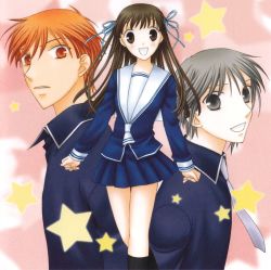 1girl 2boys absurdres blue_skirt brown_eyes brown_hair fruits_basket grey_eyes grey_hair hair_ribbon highres honda_tooru matching_hair/eyes multiple_boys necktie orange_eyes orange_hair pleated_skirt ribbon school_uniform serafuku skirt sohma_kyou sohma_yuki star_(symbol)