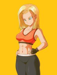 1girl abs android_18 blonde_hair blue_eyes breasts dragon_ball gym_uniform serious solo thick_thighs thighs yellow_background