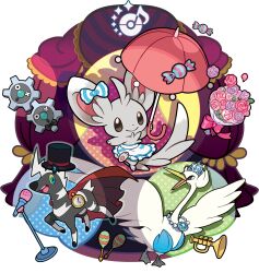 :d :o apron artist_request black_bow black_bowtie black_hat blitzle blue_eyes bouquet bow bowtie candy closed_mouth clothed_pokemon colored_sclera curtains flower food gen_5_pokemon grey_fur hat highres holding holding_umbrella instrument klink maracas microphone microphone_stand minccino nintendo no_humans official_art open_mouth pink_bow pink_flower pocket_watch pokemon pokemon_(creature) pokemon_bw pokemon_focus purple_flower smile standing standing_on_one_leg striped_bow swanna teeth third-party_source tiara top_hat transparent_background trumpet umbrella upper_teeth_only watch white_apron wrapped_candy yellow_sclera