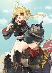 1boy 1girl black_gloves black_hair black_jacket black_shirt black_shorts blonde_hair boots cactus commentary_request crop_top day gloves hair_between_eyes helmet highres holding jacket knee_boots lighter_(zenless_zone_zero) long_hair long_sleeves luciana_de_montefio mask mask_around_neck open_clothes open_jacket open_mouth outdoors pinocle red_eyes red_scarf scarf shirt short_shorts shorts side_ponytail signature sitting sitting_on_shoulder sky sunglasses zenless_zone_zero