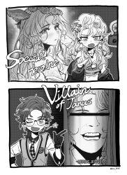 1boy 2girls anger_vein bar_censor blonney broken_door censored glasses here&#039;s_johnny!_(meme) highres horropedia jessica_(reverse:1999) kim_ffff meme multiple_girls one_eye_closed parody pointing pointing_at_viewer reverse:1999 scene_reference the_shining