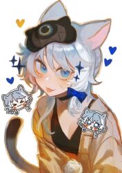 &gt;_&lt; 1girl :3 :p alternate_costume animal_ears black_shirt blue_eyes bow brown_cardigan cardigan casual cat_ears cat_girl cat_tail cipher_(honkai:_star_rail) closed_mouth contemporary grey_hair hair_bow heart highres honkai:_star_rail honkai_(series) looking_at_viewer mask mask_on_head medium_hair naval_75o shirt sideways_glance simple_background solo sparkle tail tongue tongue_out upper_body white_background