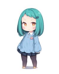 1girl black_pantyhose blue_hair blue_shirt blue_skirt child closed_mouth collared_shirt commentary_request dress_shirt full_body hair_ornament hairclip highres kindergarten_uniform long_sleeves looking_at_viewer medium_hair name_tag orange_eyes original pantyhose pleated_skirt shirt shoes skirt sleeves_past_wrists solo standing tamase_tama white_background yellow_shoes