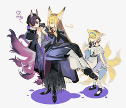 1boy 2girls ^_^ animal_ear_fluff animal_ears arknights bare_shoulders black_boots black_coat black_gloves black_jacket black_shoes black_skirt blonde_hair blue_dress blue_hairband boots braid braided_hair_rings carrying chinese_commentary closed_eyes closed_mouth coat coat_on_shoulders collared_shirt colored_tips commentary_request dress earpiece family father_and_daughter formal_clothes fox_boy fox_ears fox_girl fox_tail frilled_dress frills full_body gloves hair_between_eyes hair_rings hairband heart hetero highres husband_and_wife infection_monitor_(arknights) jacket japanese_clothes kitsune kyuubi long_hair long_sleeves material_growth mother_and_daughter multicolored_hair multiple_girls multiple_tails necktie off_shoulder orange_eyes oripathy_lesion_(arknights) pantyhose parted_lips princess_carry purple_hair red_necktie reverse_princess_carry shirt shoes short_hair simple_background single_glove single_wrist_cuff skirt smile standing streaked_hair suit suzuran&#039;s_father_(arknights) suzuran_(arknights) tail twin_braids two-tone_hair vulpisfoglia_(arknights) white_background white_hair white_pantyhose white_shirt wrist_cuffs ziyouuuu