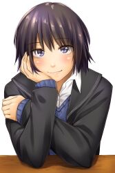 1girl absurdres amagami black_hair blush commentary_request eisuke_(gobangai_hole_boys) grey_eyes head_rest highres kibito_high_school_uniform looking_at_viewer nanasaki_ai school_uniform short_hair smile solo upper_body variant_set white_background
