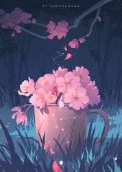 Rule 34 | 1girl, artist name, barefoot, black hair, branch, cherry blossoms, coffee mug, constellation, cup, dress, english text, falling petals, flower, forest, grass, highres, huhv., long hair, mini person, minigirl, mug, nature, night, night sky, original, outdoors, oversized object, petals, pink flower, plant, scenery, sitting, sky, solo, tree, white dress, wide shot, zodiac