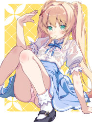1girl akayama_yukihe arm_support black_shoes blonde_hair blue_bow blue_bowtie blue_skirt blush border bow bowtie bra bra_visible_through_clothes breasts chips_(food) commentary_request dutch_angle fanning_self food food_in_mouth foot_out_of_frame green_eyes hair_between_eyes hair_intakes hair_ornament hand_up high-waist_skirt highres hot knees_together_feet_apart knees_up long_hair mary_janes official_alternate_costume outside_border panties pink_panties potato_chips puffy_short_sleeves puffy_sleeves see-through_clothes see-through_shirt shirt shoes short_sleeves sidelocks simple_background sitting skirt small_breasts socks solo summer_pockets thighs tsumugi_wenders twintails underwear very_long_hair white_border white_bra white_shirt white_socks x_hair_ornament yellow_background
