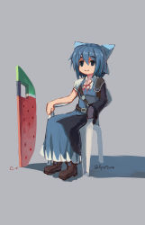 Rule 34 | 1girl, absurdres, advent cirno, blue bow, blue dress, blue eyes, blue hair, bow, brown footwear, cirno, closed mouth, dress, full body, grey background, hair bow, highres, meme, monobloc (chair), nagilamagykalz, short sleeves, shoulder guard, simple background, sitting, smile, solo, touhou, twitter username, vergil&#039;s chair (meme), watermelon sword