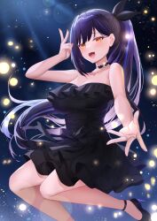 1girl absurdres black_choker black_dress black_hair black_ribbon black_shoes blue_hair breasts choker cleavage collarbone deogho_(liujinzy9854) dress fang hair_ribbon high_heels highres lilpa long_hair multicolored_hair open_mouth orange_eyes pink_nails ponytail ribbon shoes skin_fang solo streaked_hair waktaverse