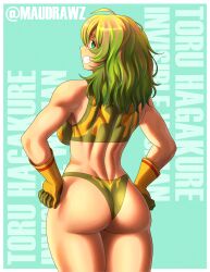 1girl absurdres ass bikini boku_no_hero_academia border breasts character_name commentary deku&#039;s_photo_of_hagakure_toru english_commentary from_behind gloves green_bikini green_eyes green_gloves green_hair grin hagakure_toru hands_on_own_hips highres long_hair looking_at_viewer maudrawz multicolored_hair muscular muscular_female official_alternate_costume pink_streaks sideboob simple_background smile solo swimsuit teeth toned toned_female turtleneck_bikini_top twitter_username unusually_visible white_border