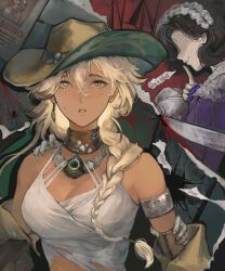 2girls absurdres argus_(reverse:1999) armlet bare_shoulders black_hair blonde_hair breasts brown_choker brown_hat brown_sleeves choker cleavage cowboy_hat detached_sleeves dress finger_to_mouth grey_background grey_eyes hat hegai heterochromia highres index_finger_raised jewelry large_breasts long_braid looking_at_viewer maid_headdress multiple_girls parted_lips profile purple_dress red_background reverse:1999 scar scar_across_eye scar_on_face short_hair shushing sweat tank_top tuesday_(reverse:1999) two-tone_background upper_body white_tank_top yellow_eyes