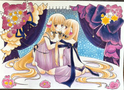 2girls android animal_ears ass black_bow black_bra black_panties black_ribbon blonde_hair blush bow bra breasts brown_eyes butt_crack chii chobits cleavage commentary flower freya_(chobits) highres lingerie long_hair looking_at_another looking_back multiple_girls panties persocom_(chobits) pink_flower ribbon robot_ears siblings sisters sitting small_breasts spoilers tottokototoko24 traditional_media underwear very_long_hair