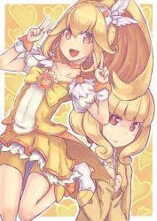 10s 1girl bike_shorts blonde_hair bow bowtie brooch cardigan cure_peace double_v dual_persona female_focus hair_flaps hair_ornament heart heart_background jewelry kise_yayoi long_hair magical_girl precure saltydanshark shoes short_hair shorts shorts_under_skirt skirt smile smile_precure! solo v wide_ponytail yellow_background yellow_bow yellow_eyes yellow_shorts yellow_skirt yellow_theme