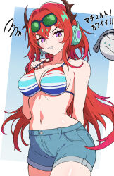 1girl amate_yuzuriha amate_yuzuriha_(cosplay) angry arknights arm_behind_back bikini blue_shorts blush border breasts brown_horns cleavage clenched_teeth commentary_request cosplay cowboy_shot denim denim_shorts frown goggles goggles_on_head gundam gundam_gquuuuuux hair_intakes haro headphones horns large_breasts long_hair looking_at_viewer medium_breasts navel outside_border purple_eyes red_hair shorts solo sparkle squiggle standing surtr_(arknights) swimsuit teeth u5_oekaki white_border