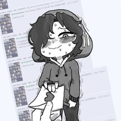 4chan black_hair black_pants blush english_text flat_chest greyscale_with_colored_background gummuru hair_over_one_eye holding holding_letter hood hoodie imageboard letter looking_at_viewer love_letter messy_hair nervous_smile nervous_sweating original pants personification playstation_vita_(personification) smile sony sweat