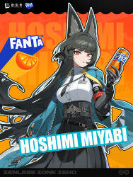 1girl animal_ear_fluff animal_ears black_gloves black_hair black_necktie black_skirt bright_pupils can character_name collared_shirt fanta fingerless_gloves fox_ears fox_girl gloves green_jacket highres holding holding_can hoshimi_miyabi jacket long_hair long_skirt long_sleeves looking_at_viewer necktie official_art parted_lips red_eyes shirt shirt_tucked_in single_fingerless_glove skirt solo white_pupils white_shirt zenless_zone_zero