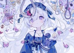 1girl bare_shoulders blue_dress blue_hairband blue_ribbon bug butterfly candy chain checkerboard_cookie closed_mouth cookie crescent crescent_necklace dress expressionless food gingerbread_man hair_between_eyes hair_ribbon hairband highres insect jewelry lolita_hairband long_hair looking_at_viewer mahou_shoujo_no_majo_saiban natsume_anan necklace noose pill purple_eyes ribbon simple_ice solo star_(symbol) stuffed_animal stuffed_toy stuffing teddy_bear upper_body white_hair zombie