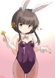 Rule 34 | 1girl, animal ears, black hair, bow, bowtie, braid, breasts, brown eyes, brown hair, brown pantyhose, closed mouth, commentary request, cowboy shot, detached collar, fake animal ears, flower, fuji (pixiv24804665), gradient background, groin, heart, highleg, highleg leotard, highres, holding, holding flower, kantai collection, leotard, looking at viewer, pantyhose, playboy bunny, purple leotard, rabbit ears, short hair with long locks, sidelocks, sketch, small breasts, solo, strapless, strapless leotard, ukuru (kancolle), wrist cuffs, yellow bow, yellow bowtie, yellow eyes