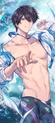 1boy absurdres artist_name black_hair blue_eyes collarbone cowboy_shot dated free! goggles goggles_around_neck grin hair_between_eyes highres jacket jammers looking_at_viewer male_focus male_swimwear muscular muscular_male nanase_haruka_(free!) open_clothes open_jacket parted_lips pectorals pointing pointing_at_viewer short_hair smile solo water xuchuan