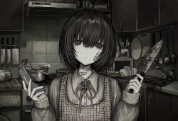 1girl aegyo_sal apron bandage_on_face bandages bandaid bandaid_on_neck blood bob_cut cabinet cellphone chan8016 flip_phone guro highres holding holding_knife implied_cannibalism kitchen kitchen_knife knife mole mole_under_eye muted_color original oven painterly pale_skin phone plate shirt sink white_shirt