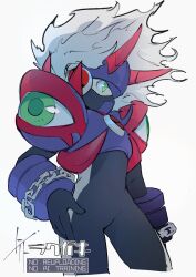 1boy armor black_bodysuit bodysuit cowboy_shot eraseman.exe extra_eyes floating_hair green_eyes grey_hair helmet highres horns long_hair male_focus mask mega_man_(series) mega_man_battle_network_(series) megaman.exe mouth_mask purple_armor purple_helmet simple_background solo to_i_to_io white_background