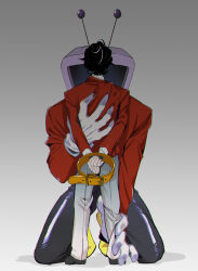 Rule 34 | 2boys, ant tenna, azuma9195, black hair, black pants, black shoes, collar, crt, deltarune, full body, gloves, grey background, hand on another&#039;s back, hand on another&#039;s leg, height difference, highres, holding, holding collar, jacket, kneeling, multiple boys, object head, pants, red jacket, shoes, short hair, spamton g. spamton, white gloves, white pants, yaoi, yellow shoes