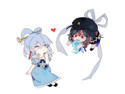 Rule 34 | 2girls, belt, biting, black belt, black hair, black skirt, blue dress, blue eyes, blue hair, newsboy cap, cerevevisiae, chibi, closed mouth, collared vest, commentary request, dress, flower, flying, full body, ghost, hagoromo, hair ornament, hair rings, hair stick, hat, heart, jiangshi, kaku seiga, looking at another, miyako yoshika, multiple girls, ofuda, open clothes, open vest, red eyes, red shirt, shawl, shirt, short hair, short sleeves, simple background, skirt, smile, star (symbol), touhou, vest, white background, white vest