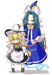 Rule 34 | 2girls, apron, black vest, blonde hair, blue capelet, bow, bowtie, braid, breasts, capelet, collar, dress, ghost tail, green eyes, green hair, hair bow, hat, hat bow, highres, holding, holding leash, kirisame marisa, kuma xylocopa, leash, long hair, long sleeves, mima (touhou), multiple girls, open mouth, red collar, side braid, single braid, skirt, sun print, sun symbol, touhou, touhou (pc-98), vest, waist apron, white bow, witch hat, wizard hat, yellow bow, yellow bowtie, yellow eyes