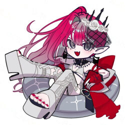 1girl baobhan_sith_(fate) baobhan_sith_(swimsuit_pretender)_(third_ascension)_(fate) bikini blush deformed earrings fate/grand_order fate_(series) grey_eyes innertube jewelry long_hair looking_at_viewer open_mouth pink_hair platform_heels pointy_ears side_ponytail smile solo swim_ring swimsuit tiara turubaminamari veil white_bikini