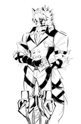 ajihneko arm_behind_back furry furry_male male_focus monochrome sketch standing von_lycaon zenless_zone_zero