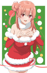 1girl bare_shoulders blush breasts christmas dars_(recolors) dress fur-trimmed_dress fur_trim hair_bun heart heart_hands highres large_breasts looking_at_viewer open_mouth pink_hair red_dress santa_costume santa_dress single_hair_bun single_side_bun sleeveless smile solo yahari_ore_no_seishun_lovecome_wa_machigatteiru. yuigahama_yui