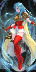 Rule 34 | 1girl, absurdres, armor, aura, blue eyes, blue hair, blush, boots, breasts, cape, eirika (fire emblem), fire emblem, fire emblem: the sacred stones, full body, gold armor, highres, holding, holding sword, holding weapon, medium breasts, nintendo, profile, red boots, red shirt, shirt, shoulder armor, skirt, solo, sword, tarutaru193, thigh boots, thighhighs, thighs, weapon, white skirt, zettai ryouiki