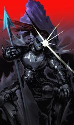 &gt;:) 1girl absurdres armor bandage_player breastplate brown_hair colored_skin eye_trail fangs feet_out_of_frame fins gauntlets greaves grey_skin grin hand_on_own_knee head_fins highres holding holding_polearm holding_weapon light_trail looking_at_viewer pauldrons polearm red_background shoulder_armor sitting smile solo spear undertale undyne undyne_the_undying v-shaped_eyebrows weapon
