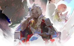 1girl 3boys absurdres animal bangle black_hair bracelet braid closed_eyes closed_mouth crossed_legs expressionless eyes_out_of_frame fate/grand_order fate_(series) fou_(fate) fui_(fui29493452) fujimaru_ritsuka_(male) green_eyes head_out_of_frame highres holding holding_animal hood hoodie jewelry long_hair looking_to_the_side mash_kyrielight medium_hair multiple_boys neck_ring orange_hair parted_lips pink_hair romani_archaman short_hair side_braid side_ponytail sitting smile solomon_(fate) tassel white_hair white_hoodie
