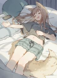 1girl absurdres animal_ears black_shirt brown_hair closed_eyes commentary drooling feet_out_of_frame grey_shorts highres komerina long_hair lying midriff mouth_drool navel on_back open_mouth original shirt short_shorts short_sleeves shorts single_bare_shoulder sleeping tail