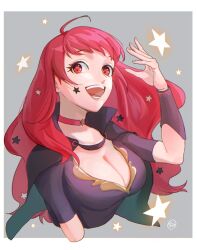 1girl absurdres bodysuit breasts choker cleavage facial_mark fire_emblem fire_emblem_engage hair_ornament highres large_breasts long_hair looking_at_viewer nintendo open_mouth pink_choker purple_bodysuit red_eyes red_hair smile solo star_(symbol) star_facial_mark star_hair_ornament wa_gamc yunaka_(fire_emblem)