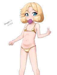 1girl absurdres alternate_costume bikini blonde_hair blue_eyes condom condom_wrapper cowboy_shot feet_out_of_frame flat_chest gold_bikini highres janus_(kancolle) kantai_collection maru_(marg0613) mouth_hold one-hour_drawing_challenge parted_bangs short_hair smile solo swimsuit v