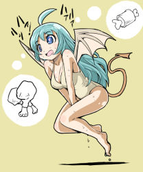 1girl blush boned_meat breasts female_focus food heart heart-shaped_pupils kubocha large_breasts long_hair meat open_mouth smile solo symbol-shaped_pupils tail wings