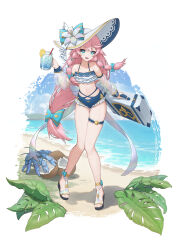1girl :d absurdres angelica_(epic_seven) bag bare_legs bare_shoulders beach bikini blue_bikini blue_bow blue_eyes blue_sky bow braid breasts briefcase cloud collarbone crab cup day dead_10001 detached_sleeves drink drinking_glass drinking_straw epic_seven flower food frilled_bikini frills fruit full_body hair_bow hat hat_bow hat_flower highres holding holding_bag holding_cup ice knees_together_feet_apart leaf legs lemon lemon_slice long_hair long_sleeves looking_at_viewer low-tied_long_hair navel ocean open_mouth outdoors pink_hair puffy_long_sleeves puffy_sleeves sand sandals seashell see-through_clothes see-through_sleeves shell sky small_breasts smile solo standing starfish stomach suitcase summer sun_hat swimsuit thigh_strap thighs toes twin_braids very_long_hair water white_bikini white_flower